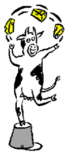 Cartoon image of a cow standing on a bucket juggling cheese.