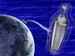 Illustration shows message in a bottle, Earth in background.