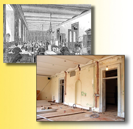 Comparison of historic engraving and current construction photograph of similar room types within the Treasury Building.