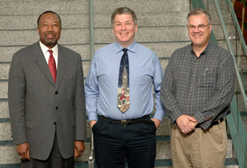 Shown with NIGMS director Dr. Jeremy Berg (c) are Dr. Clifford W. Houston (l), associate vice president for educational outreach and Herman Barnett distinguished endowed professor in microbiology and immunology at the University of Texas Medical Branch, and Dr. W. James Nelson (r), professor of biological sciences at Stanford University.
