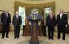 Date: 06/30/2008 Location: Washington, DC Description: President George W. Bush delivers a brief statement at the White House after signing legislation. Standing with him are, from left, Deputy Secretary of State John Negroponte, Defense Secretary Robert Gates, Secretary of Veteran Affairs James Peake, and Director of the Office of National Drug Control Policy John P. Walters. © White House Photo