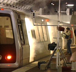 Smoke billows from a subway car during a PROTECT demonstration.