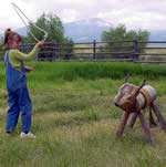 Young girl practicing roping skills on Woody the sooden steer.