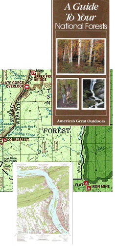 [graphic] A large image of several maps and a brochure titled, A Guide to Your National Forests