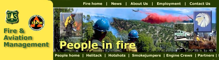People in Fire header with photos of firefighters watching a retardant plane making a drop, a firefighter holding a drip torch and pulaski, a smokejumper, photo of an engine and crew members, and a hand crew working in the field.