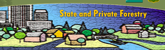 State and Private Forestry logo.  Image of buildings, trees, and communities.