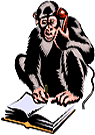 A chimp talks on the phone while taking notes in a book