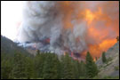 Forest fire burns on a mountainside, sending up large clouds of smoke