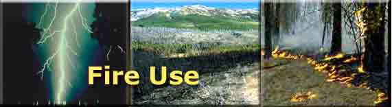 Fire Use header with three photos, lightning, geographic area where wildland fire was allowed to play its natural role, and a prescribed burn