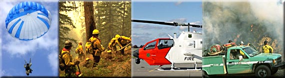 Header with four photos left to right - A smokejumper with an open parachute decending to the ground, a crew digging a fireline, the new Firewatch helicopter, and an engine and crew members.