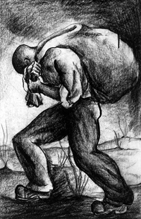 Blackburn's "Man With Load" (or "The Toiler," "Toil"), 1936, charcoal, ink, and graphite. Blackburn absorbed the lessons of the Mexican muralists through his teacher Charles Alston, who met Diego Rivera in 1933 at Rockefeller Center. "Man with Load" reprises a "burden carriers" theme that also appeared in Rivera's works. Many of Blackburn's early works draw on the conventions of monumentalism found in Mexican mural painting, as well as social realist iconography.