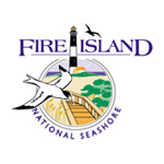 Fire Island National Seashore logo shows tern flying over boardwalk and beach, in front of tall black-and-white banded lighthouse.