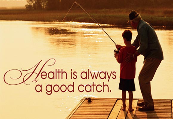 Cover Image: An image of a lake with a man on a dock, teaching a boy how to fish.  Cover Text: Health is always a good catch. Inside text: Take daily steps to live a healthier life. Learn more about men's health (link to http://www.cdc.gov/men/tips/).