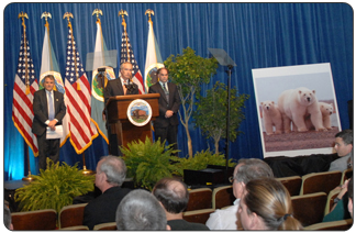 From left to right, Assistant Secretary Fish, Wildlife and Parks, Lyle Laverty, Secretary of the Interior Dirk Kempthorne, and U.S. Geological Survey Director Mark Myers, at May 14, 2008 press conference announcing decision to list the polar bear as threatened under the Endangered Species Act. [Photo Credit: Tami Heilemann] 