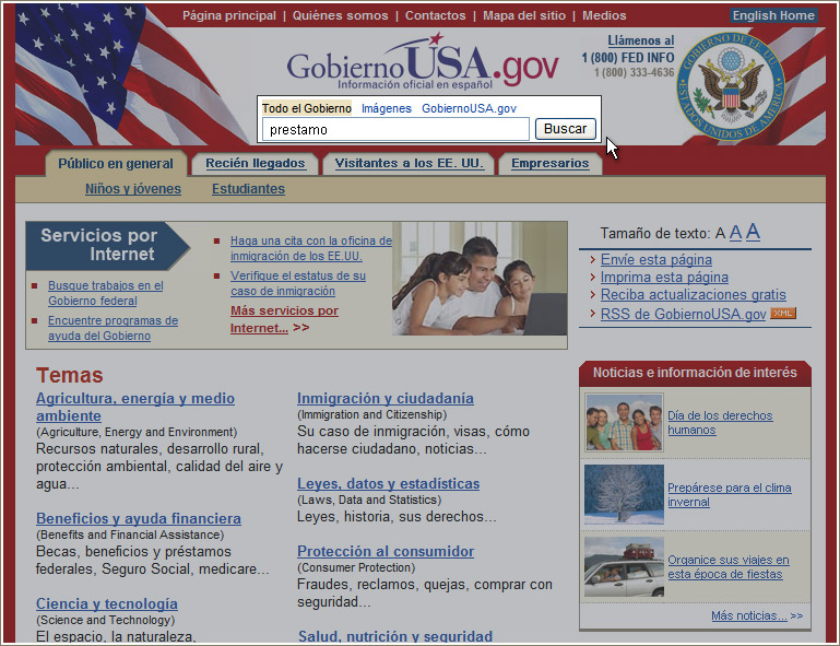 Página principal de GobiernoUSA.gov señalando la sección de BuscadorUSA.gov.