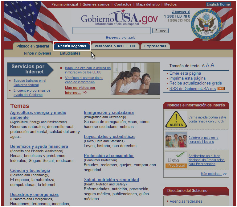 Página principal en GobiernoUSA.gov señalando la sección Recién llegados.
