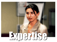 Switches between a photo of a woman depicting expertise and a group of people depicting education