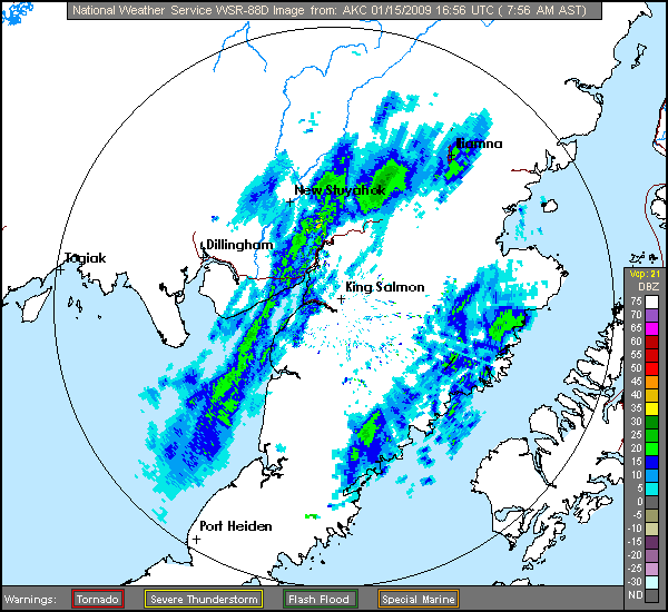 Click for latest Base Reflectivity radar loop from the King Salmon, AK radar and current weather warnings