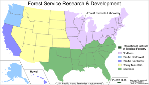 A map of Forest Service research and development areas