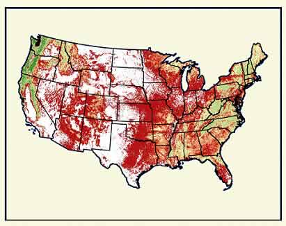 Map of United States showing above ground live biomass tons per acre.