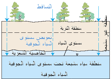 Drawing showing how surface water infiltrates into the ground to be stored in aquifers. 