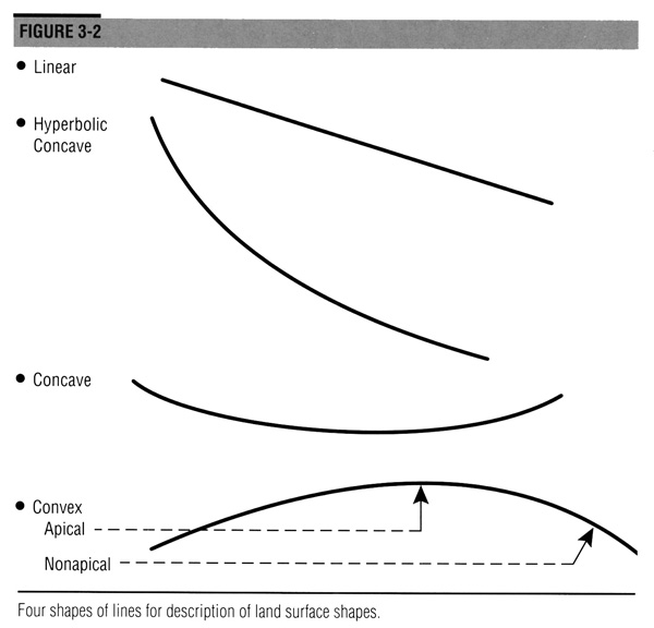 Four shapes of lines for description of land surface shapes.