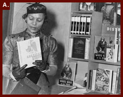 Zora Neale Hurston, half-length portrait, standing, facing front, looking at book, American Stuff, at New York Times Book Fair