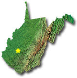 Image of West Virginia with a star pinpointing the location of the capital.