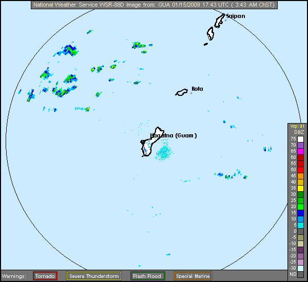 Click for latest Base Reflectivity radar loop from the Andersen Air Force Base, Guam radar and current weather warnings