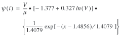 lowercase psi (lowercase i) = uppercase v divided by lowercase mu dot [negative 1.377 plus 0.327 ln (uppercase v)] dot {1 divided by 1.4079 exp [negative (lowercase x minus 1.4856) divided by 1.4079]}