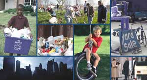 Photo collage: young boy with recycling bin; neighborhood cleanup day; yard sale; pile of garbage; young boy on tire swing; city skyline; commuters going to work