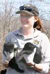 standing in the WRP tract where the bears were born, USFWS biologist Shauna Ginger holds the two cubs (photo by James Cummins, Wildlife Mississippi )