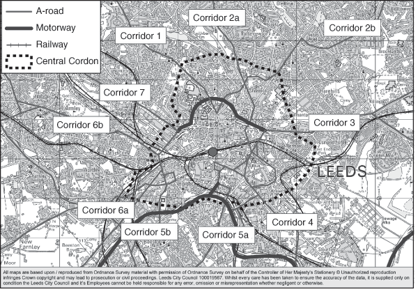 FIGURE 1 - Map Showing the Leeds Central Cordon and Arterial Corridors. If you are a user with disability and cannot view this image, please call 800-853-1351 or email answers@bts.gov for assistance.