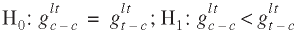 uppercase h subscript {0}: lowercase g superscript {lowercase l lowercase t} subscript {lowercase c minus lowercase c} = lowercase g superscript {lowercase l lowercase t} subscript {lowercase t minus lowercase c}; uppercase h subscript {1}: lowercase g superscript {lowercase l lowercase t} subscript {lowercase c minus lowercase c} is less than lowercase g superscript {lowercase l lowercase t} subscript {lowercase t minus lowercase c}