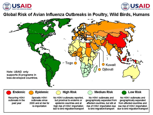 Image of a map of the world, entitled Global Risk of Avian Influenza Outbreaks. Areas on the map are shaded to correspond to five different categories. Category 1 - Endemic - widespread and recurring H5N1 infections in animals since Dec. 2003. Category 2 - Epidemic - isolated H5N1 outbreaks in animals since July, 2005 and isolated H5 outbreaks. Category 3 - High Risk - proximal to endemic or epidemic countries, or at risk of animal outbreaks due to bird migration and/or transport. Category 4 - At Risk - at risk of animal outbreaks due to bird migration and/or transport. Category 5 - Pandemic Risk - at lower risk of animal outbreaks, but would be affected by a human influenza pandemic. Note: USAID will only support AI programs in less-developed countries.