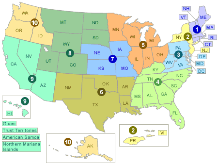 Mapa de los EE.UU, dividido en regiones de la <acronym lang=en>EPA</acronym>