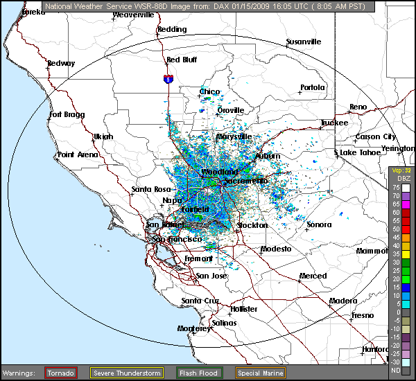 Click for latest Base Reflectivity radar loop from the Sacramento, CA radar and current weather warnings