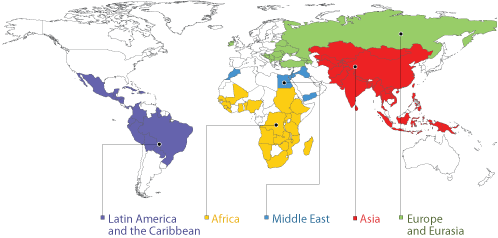 Map of the world with clickable regions of Latin America, Africa, Asia/Near East and Europe/Eurasia.  Clicking on a region takes you to a different location, where you can find links to individual countries within the region.