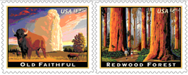 side-by-side image of Old Faithful and redwood forest stamps