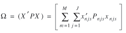 uppercase omega = (uppercase x prime uppercase p uppercase x) = [summation from lowercase m = 1 to uppercase m of summation from lowercase j = 1 to uppercase j of lowercase x prime subscript {lowercase n lowercase j lowercase s} uppercase p subscript {lowercase n lowercase j lowercase s} lowercase x subscript {lowercase n lowercase j lowercase s}]