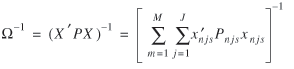 uppercase omega superscript {negative 1} = (uppercase x prime uppercase p uppercase x) superscript {negative 1} = [summation from lowercase m = 1 to uppercase m of summation from lowercase j = 1 to uppercase j of lowercase x prime subscript {lowercase n lowercase j lowercase s} uppercase p subscript {lowercase n lowercase j lowercase s} lowercase x subscript {lowercase n lowercase j lowercase s}] superscript {negative 1}