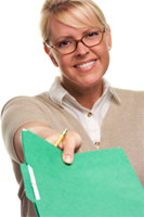 woman holding a green file folder