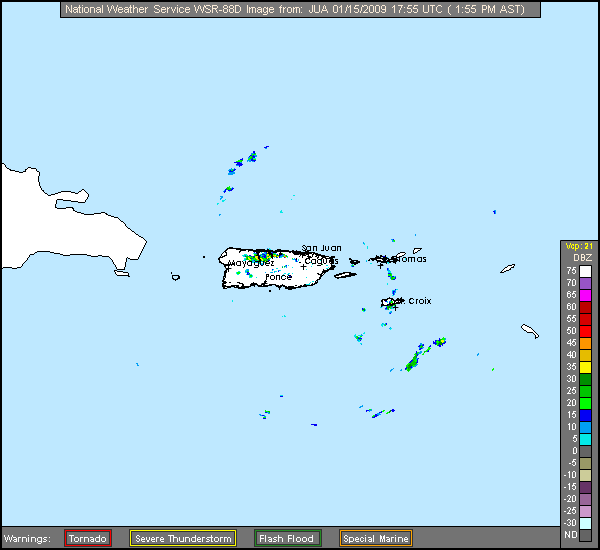 Click for latest Long Range Base Reflectivity radar image from the Puerto Rico/Virgin Islands radar and current weather warnings