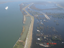 Aerial view of Mississippi River and shoreline flooding.