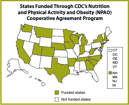 Map showing states funded through CDC's NPAO cooperative agreement program, text description provided below