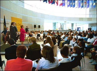 Lynne Cheney addresses Philadelphia area school children in the Grand Hall Lobby before a tour of the National Constitution Center in celebration of Constitution Day in Philadelphia Wednesday, Sept. 17, 2003. 