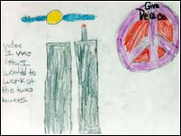 A child's illustration of the World Trade Center Attacks.