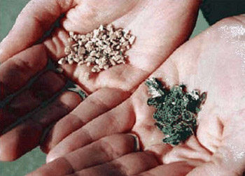 Figure 3. Photograph of vermiculite concentrate (on the right) and exfoliated vermiculite (on the left)
