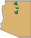 A map displaying the Kaibab National Forest in reference to the state of Arizona.