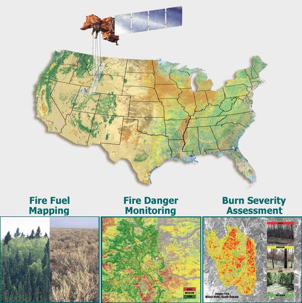 Fire danger and live fire monitoring, post-fire mapping of burn scars and analysis of fire effects, fire fuels characteristics and mapping.